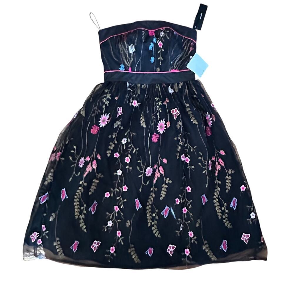 LuLus x Womens For the Frill of It Black Embroidered Strapless Midi Dress Sz‎ XS